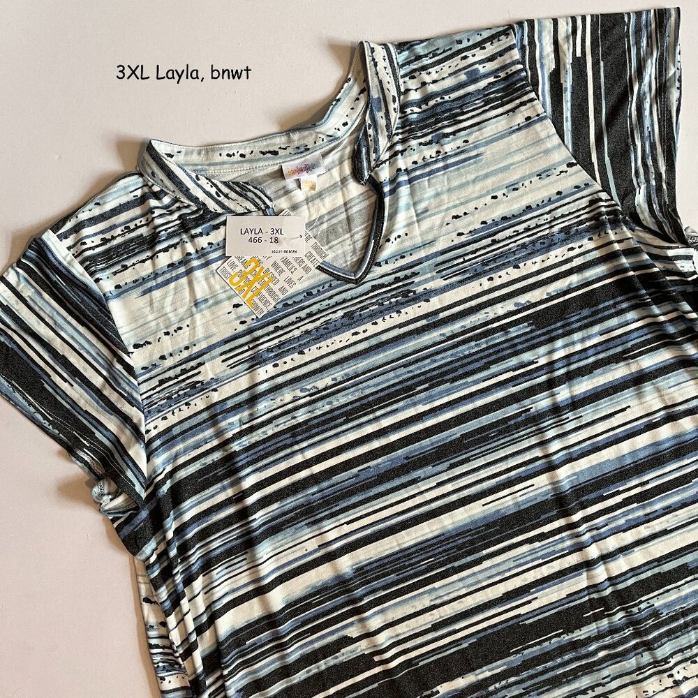 LuLaRoe Striped Layla Short Sleeve Tee - Blue, Black, White, Gray NWT